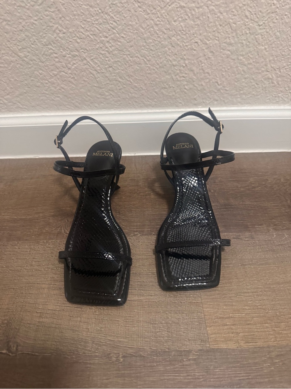 ANTONIO MELANI Black Patent Textured Strappy Heels